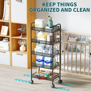 HomeHom Rolling Cart, 5-Tier Metal Rolling Storage Cart, Kitchen Storage Trolley with 2 Brakes, Utility Cart with Handles, Easy Assembly, for Bathroom, Kitchen, Office, Black