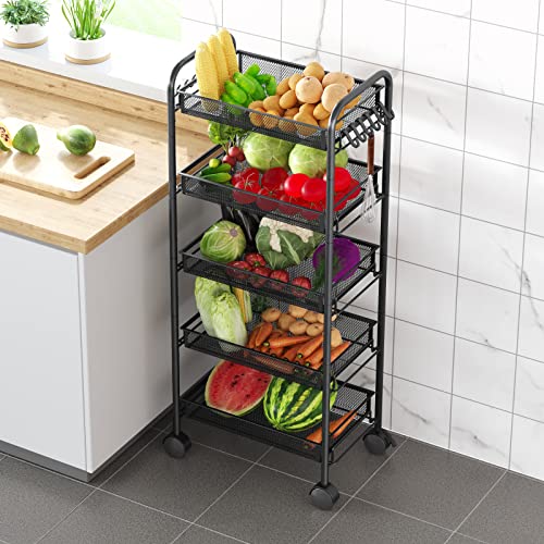 HomeHom Rolling Cart, 5-Tier Metal Rolling Storage Cart, Kitchen Storage Trolley with 2 Brakes, Utility Cart with Handles, Easy Assembly, for Bathroom, Kitchen, Office, Black