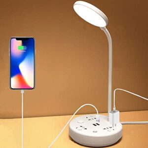 bovmics led desk lamp with 2 usb charging port and 3 ac outlet, 3 color temperatures,adjustable neck, on/off switch,eye-caring home office foldable table lamp (white)