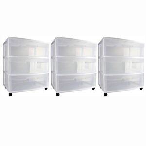 Sterilite At Home Plastic 3 Drawer Wide Storage Cart Container with Removeable Casters for Bathroom, Bedroom, and Dorm Organization (3 Pack)