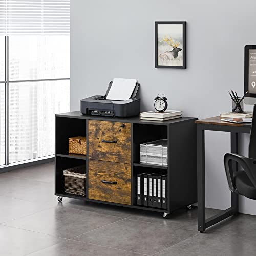 Yaheetech Vintage Lateral File Cabinet with 2 Drawers and 4 Open Shelves, Storage Mobile Filing Cabinet for Letter Size A4 Size, Printer Stand for Home Office, Black& Rustic Brown