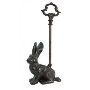 sitting rabbit bunny door stop porter with handle, rustic cast iron, 16-inch