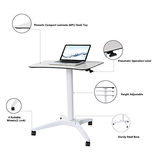 CARTMAY Pneumatic Adjustable Height Laptop Desk, Sit and Stand Mobile, Ergonomic Design, Excellent Computer Workstation for Classrooms, Offices, and Home! 25.5''x18 (White)