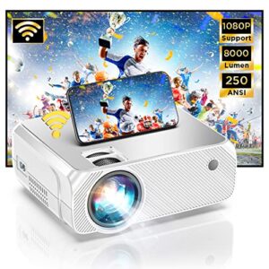outdoor mini projector w/wifi , 8000l bluetooth portable projector, 1080p hd supported & 200” display video movie projectors, compatible w/iphone, tv stick, pc, hdmi usb
