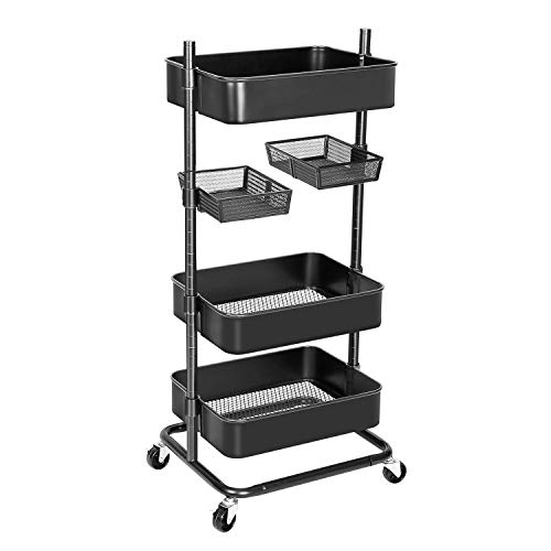 Anstar 3-Tier Rolling Utility Cart with 2 Rotatable Trays Adjustable Multifunction Storage Cart with Lockable Wheels Easy Assembly Makeup Cart Trolley Cart for Kitchen Bathroom Garage Salon (Black)