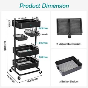 Anstar 3-Tier Rolling Utility Cart with 2 Rotatable Trays Adjustable Multifunction Storage Cart with Lockable Wheels Easy Assembly Makeup Cart Trolley Cart for Kitchen Bathroom Garage Salon (Black)