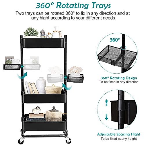 Anstar 3-Tier Rolling Utility Cart with 2 Rotatable Trays Adjustable Multifunction Storage Cart with Lockable Wheels Easy Assembly Makeup Cart Trolley Cart for Kitchen Bathroom Garage Salon (Black)