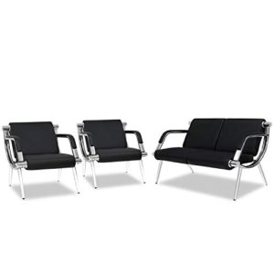 kinsute 3 pcs office reception chairs 4-seats waiting room chairs for salon barber bench airport bank hall visitor guest black pu leather sofa