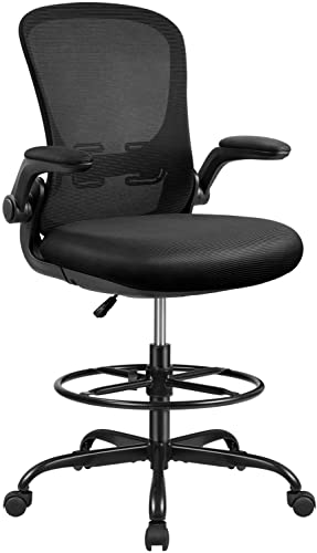 Devoko Drafting Tall Flip-up Armrests Office Desk Ergonomic Mesh Chair Lumbar Support with Adjustable Height, Black