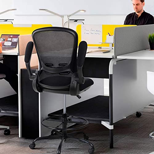 Devoko Drafting Tall Flip-up Armrests Office Desk Ergonomic Mesh Chair Lumbar Support with Adjustable Height, Black