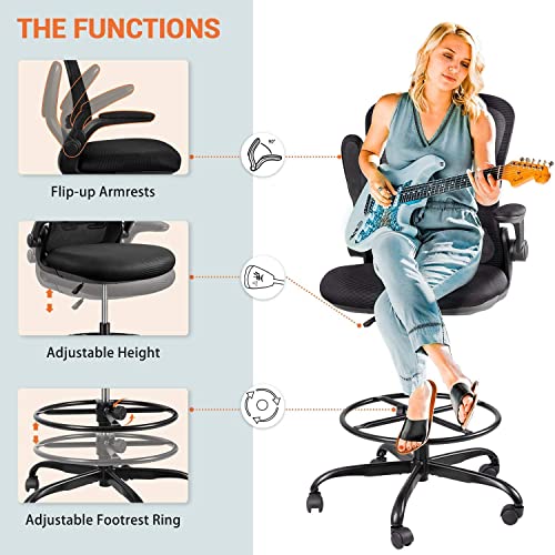 Devoko Drafting Tall Flip-up Armrests Office Desk Ergonomic Mesh Chair Lumbar Support with Adjustable Height, Black