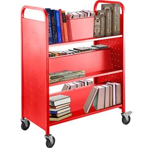 vevor book cart, 200lbs library cart, 35x19x49 inch rolling book cart double sided w-shaped sloped shelves with 4-inch lockable wheels for home shelves office and school book truck in red
