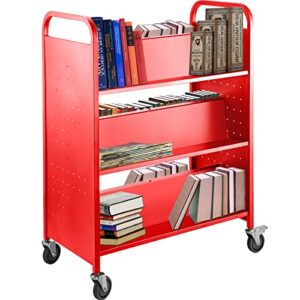 VEVOR Book Cart, 200lbs Library Cart, 35x19x49 Inch Rolling Book Cart Double Sided W-Shaped Sloped Shelves with 4-Inch Lockable Wheels for Home Shelves Office and School Book Truck in Red