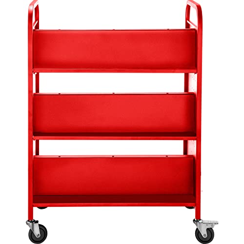 VEVOR Book Cart, 200lbs Library Cart, 35x19x49 Inch Rolling Book Cart Double Sided W-Shaped Sloped Shelves with 4-Inch Lockable Wheels for Home Shelves Office and School Book Truck in Red