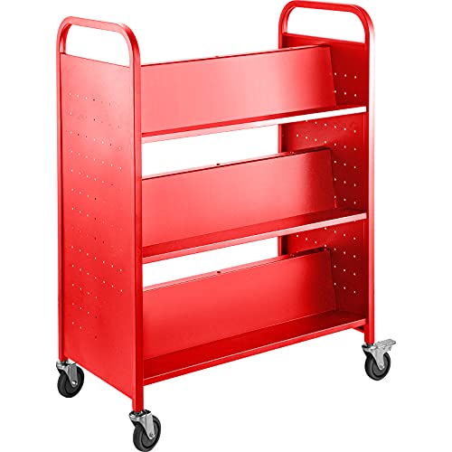 VEVOR Book Cart, 200lbs Library Cart, 35x19x49 Inch Rolling Book Cart Double Sided W-Shaped Sloped Shelves with 4-Inch Lockable Wheels for Home Shelves Office and School Book Truck in Red