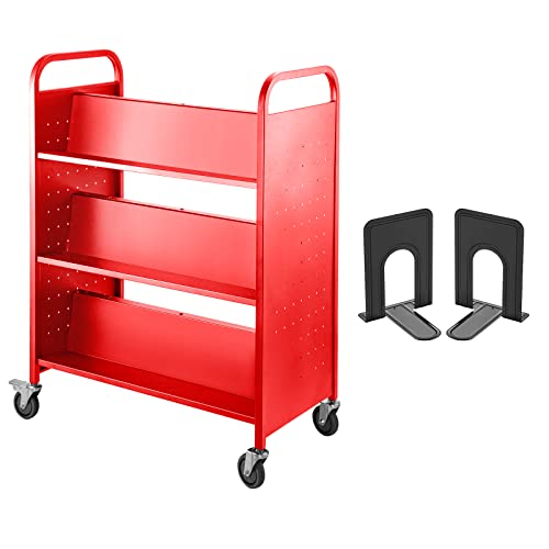 VEVOR Book Cart, 200lbs Library Cart, 35x19x49 Inch Rolling Book Cart Double Sided W-Shaped Sloped Shelves with 4-Inch Lockable Wheels for Home Shelves Office and School Book Truck in Red