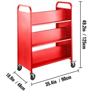 VEVOR Book Cart, 200lbs Library Cart, 35x19x49 Inch Rolling Book Cart Double Sided W-Shaped Sloped Shelves with 4-Inch Lockable Wheels for Home Shelves Office and School Book Truck in Red