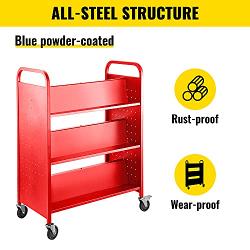 VEVOR Book Cart, 200lbs Library Cart, 35x19x49 Inch Rolling Book Cart Double Sided W-Shaped Sloped Shelves with 4-Inch Lockable Wheels for Home Shelves Office and School Book Truck in Red