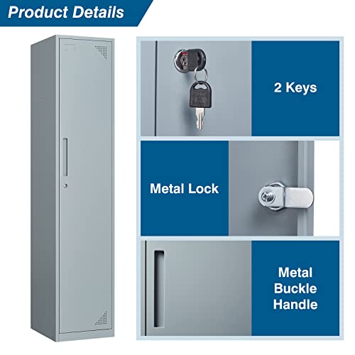 PEUKC Metal Storage Locker, 71" Tall Locker Storage Cabinet for Employees, Steel Storage Cabinet Locker with Lock and Keys for School, Gym, Home, Office Staff(1 Door-Grey)