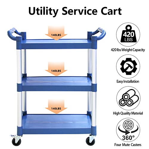 MAYNIYJK Utility Carts with Wheels, 3-Tire Restaurant Cart, Heavy Duty Rolling Cart Food Service Cart 420lbs, Plastic Bus Cart with Lockable Wheels and Rubber Hammer for Warehouse/Office/Kitchen, Grey