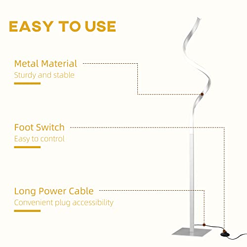 HOMCOM Modern Spiral Floor Lamp, LED Standing Lamp Warm White with Square Base and Foot Switch for Living Room, Bedroom, Silver