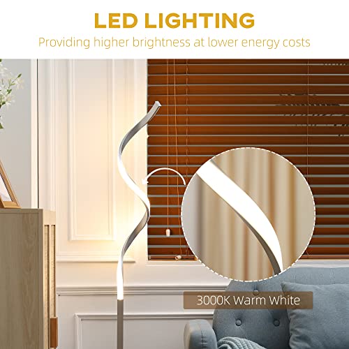 HOMCOM Modern Spiral Floor Lamp, LED Standing Lamp Warm White with Square Base and Foot Switch for Living Room, Bedroom, Silver