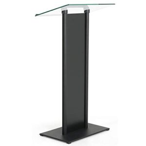 m&t displays tempered clear glass podium with aluminum front panel black aluminum body and base 43.9 inch height floor standing lectern pulpit desk