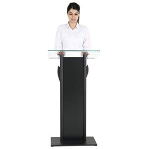 M&T Displays Tempered Clear Glass Podium with Aluminum Front Panel Black Aluminum Body and Base 43.9 Inch Height Floor Standing Lectern Pulpit Desk