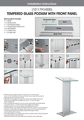 M&T Displays Tempered Clear Glass Podium with Aluminum Front Panel Black Aluminum Body and Base 43.9 Inch Height Floor Standing Lectern Pulpit Desk