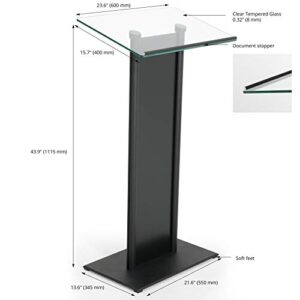 M&T Displays Tempered Clear Glass Podium with Aluminum Front Panel Black Aluminum Body and Base 43.9 Inch Height Floor Standing Lectern Pulpit Desk