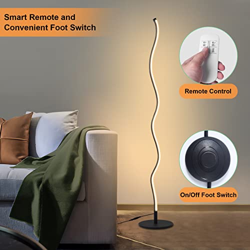 HOMKEA Modern Floor Lamps for Living Room - LED Standing Lamp with Remote, 52'' Tall Lamp with Footswitch, 27W/6000 LM Standing Light for Bedroom, Stand Up Lamp with Stepless Dimmable 2700-6500k-BLACK