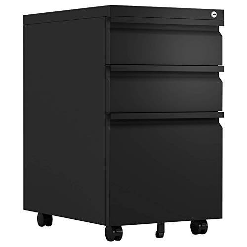 GREATMEET Filling Cabinet with 3 Drawers, Office Mobile Filing Cabinet with Wheels and Lock for Legal/Letter Size,Small File Cabinet for Under Deskt,Fully Assembled (Black)