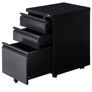 GREATMEET Filling Cabinet with 3 Drawers, Office Mobile Filing Cabinet with Wheels and Lock for Legal/Letter Size,Small File Cabinet for Under Deskt,Fully Assembled (Black)