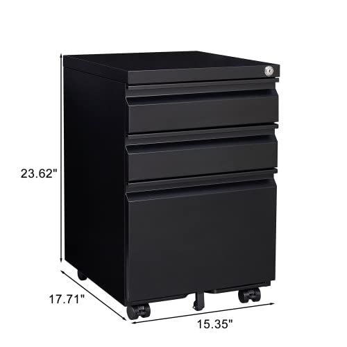 GREATMEET Filling Cabinet with 3 Drawers, Office Mobile Filing Cabinet with Wheels and Lock for Legal/Letter Size,Small File Cabinet for Under Deskt,Fully Assembled (Black)