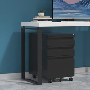 GREATMEET Filling Cabinet with 3 Drawers, Office Mobile Filing Cabinet with Wheels and Lock for Legal/Letter Size,Small File Cabinet for Under Deskt,Fully Assembled (Black)