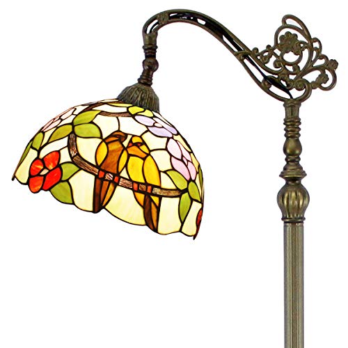 WERFACTORY Tiffany Floor Lamp Stained Glass Double Tropical Bird Arched Lamp 12X18X64 Inch Gooseneck Adjustable Corner Standing Reading Light Decor Bedroom Living Room S803 Series