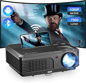 full hd 1080p android projector with wifi and bluetooth, wireless projectors sync screen for iphone ipad, big screen display video proyector outdoor movie night backyard, 4d keystone & zoom, hdmi