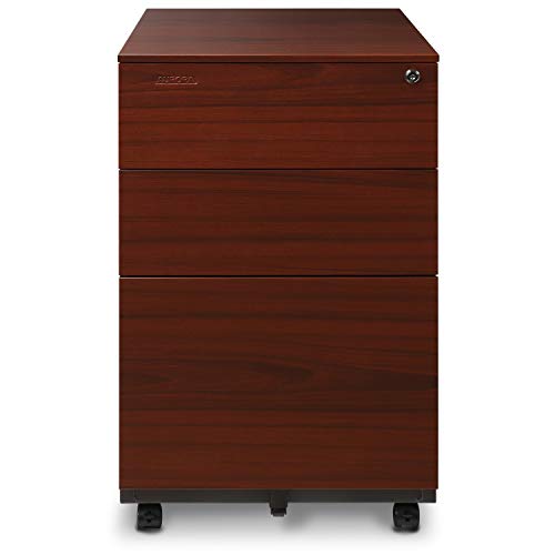 Aurora Mobile File Cabinet 3-Drawer Metal with Lock Key Sliding Drawer, Metallic Charcoal/Red Teak, Fully Assembled, Ready to Use