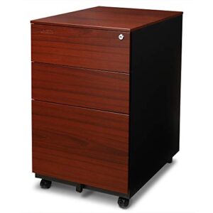 Aurora Mobile File Cabinet 3-Drawer Metal with Lock Key Sliding Drawer, Metallic Charcoal/Red Teak, Fully Assembled, Ready to Use