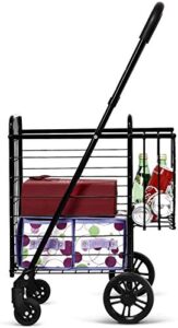 byroce utility folding shopping cart, light weight trolley with handle, large grocery utility cart with swiveling wheels and dual storage baskets, ideal for laundry book luggage travel (black)