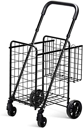 Byroce Utility Folding Shopping Cart, Light Weight Trolley with Handle, Large Grocery Utility Cart with Swiveling Wheels and Dual Storage Baskets, Ideal for Laundry Book Luggage Travel (Black)
