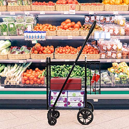 Byroce Utility Folding Shopping Cart, Light Weight Trolley with Handle, Large Grocery Utility Cart with Swiveling Wheels and Dual Storage Baskets, Ideal for Laundry Book Luggage Travel (Black)