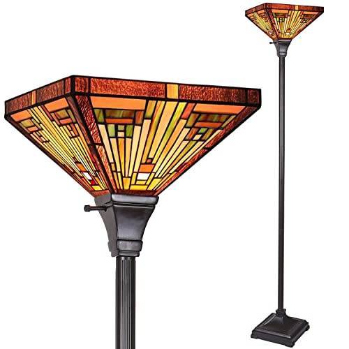 Capulina Tiffany Torchiere Floor Lamp 70" Tall Industrial Blackish Bronze Pole Amber Brown Style Stained Glass Torch Standing Light Decor for Living Room Bedroom Office