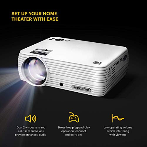 KODAK FLIK X7 Home Projector (Max 1080p HD) with Tripod, & Case | Compact, Projects Up to 150” with 720p Native Resolution & 30,000 Hour, Lumen LED Lamp| AV, VGA, HDMI & USB Compatible (Renewed)