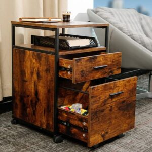 TC-HOMENY Mobile File Cabinet on Wheels Office Cabinet with 2 Drawers, Wood Filing Cabinet fits A4 or Letter Size for Home Office, Rustic Brown