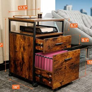 TC-HOMENY Mobile File Cabinet on Wheels Office Cabinet with 2 Drawers, Wood Filing Cabinet fits A4 or Letter Size for Home Office, Rustic Brown