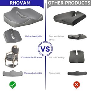 Rhovam Seat Cushion, Ergonomic Memory Foam Office Chair Pad with Non-Slip &Washable Grey Cover Relives Butt/Tailbone/Back/Coccyx/Sciatica Pain & Stress for Long Sitting Hours on Office/Car/Home Chair