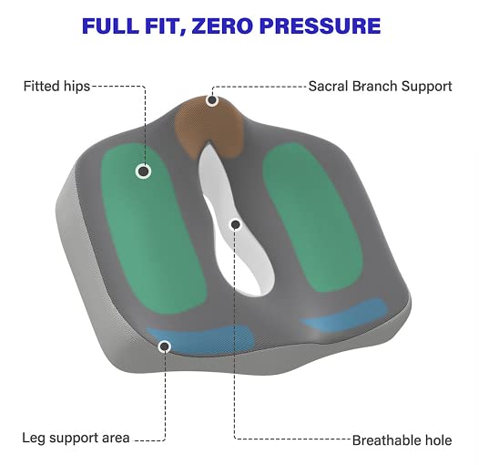 Rhovam Seat Cushion, Ergonomic Memory Foam Office Chair Pad with Non-Slip &Washable Grey Cover Relives Butt/Tailbone/Back/Coccyx/Sciatica Pain & Stress for Long Sitting Hours on Office/Car/Home Chair