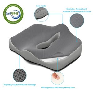 Rhovam Seat Cushion, Ergonomic Memory Foam Office Chair Pad with Non-Slip &Washable Grey Cover Relives Butt/Tailbone/Back/Coccyx/Sciatica Pain & Stress for Long Sitting Hours on Office/Car/Home Chair