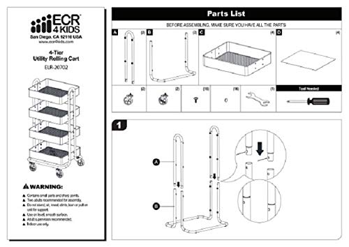 ECR4Kids-ELR-20702 4-Tier Metal Rolling Utility Cart - Heavy Duty Mobile Storage Organizer, Black